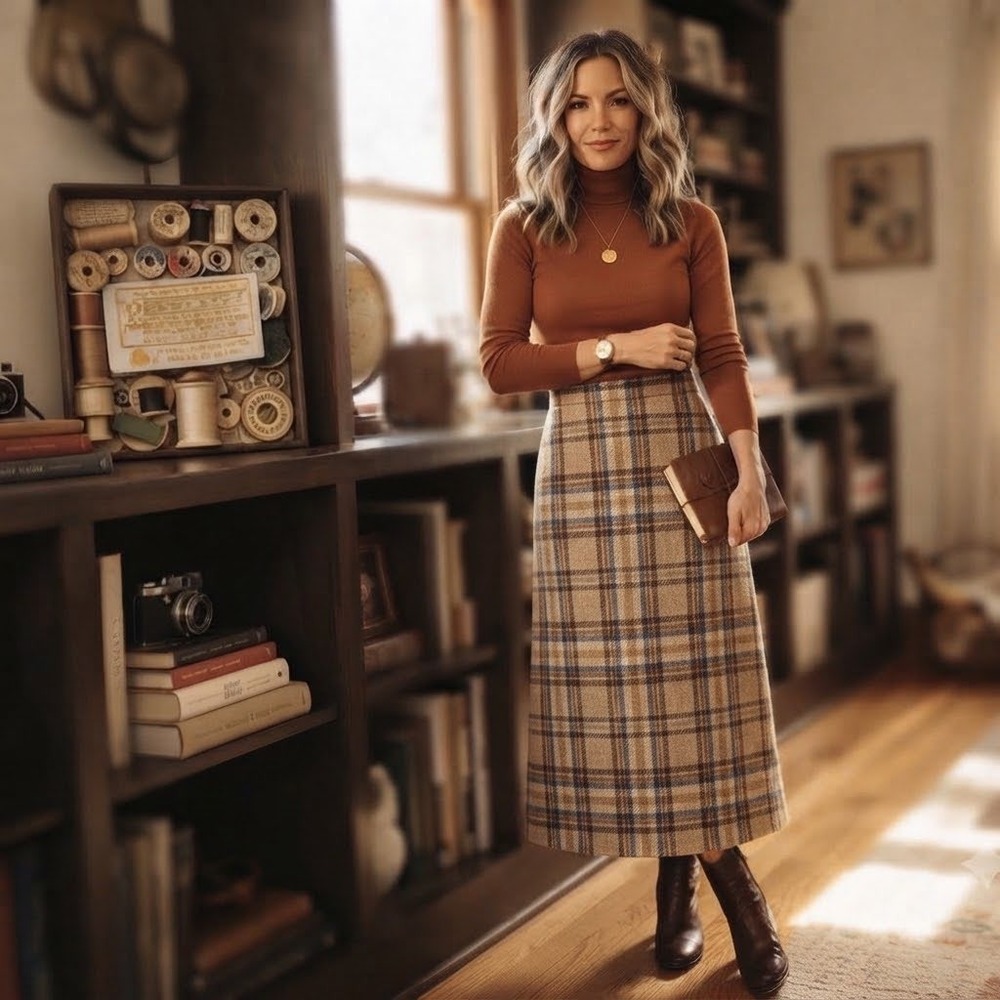 Pendleton Vintage Plaid Wool Midi Skirt Brown Tan Blue Made in USA Pockets